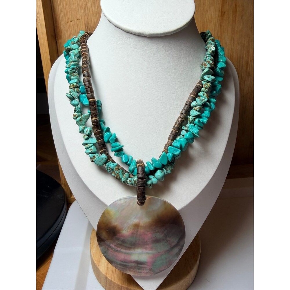 Vintage Turquoise Chip and Heishi Shell Necklace with Shell Pend
